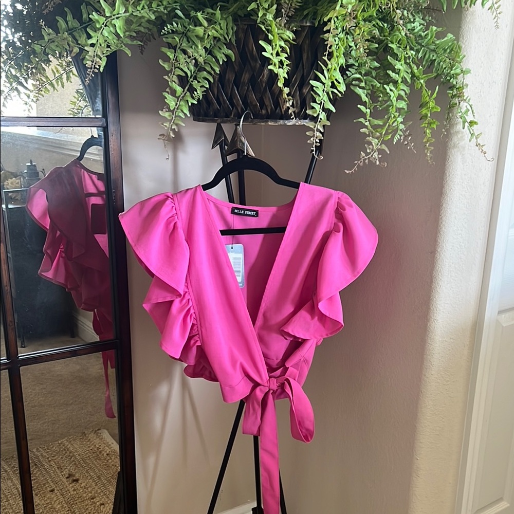 *NEW* Blue Blush Pink Ruffled Tie Front Blouse